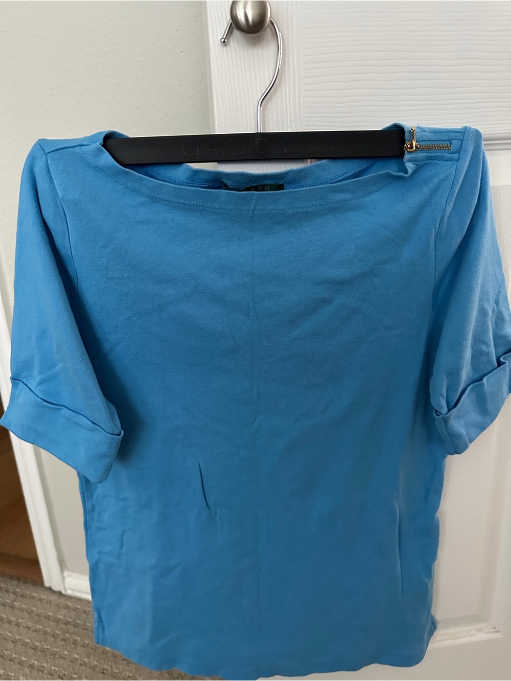 Ralph Lauren Bright Blue Short Sleeve Boatneck Top with Shoulder Zip